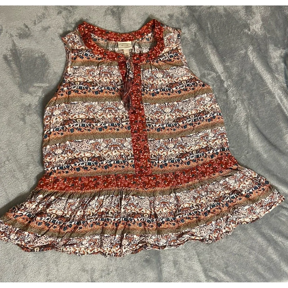 Knox Rose‎ Top Womens XL Babydoll Tank Burgundy Boho Floral Tassel Tie Ruffle